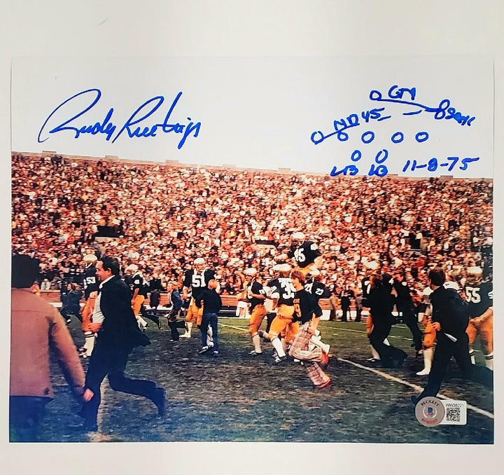 Rudy Ruettiger signed Carry Off 8x10 photo w/ Sack Diagram ~ BAS Witness Holo