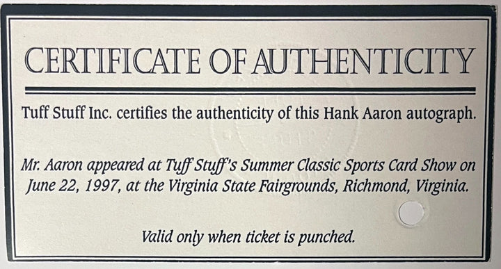 Hank Aaron signed Braves Hall of Fame Induction Day Photo/Card Framed COA/Ticket