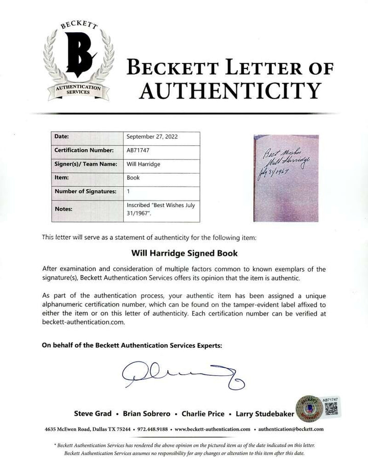 Will Harridge Beckett BAS Signed Connie Mack's Baseball Book Autograph