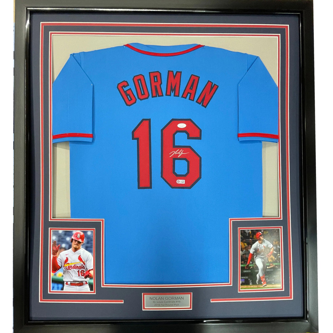 Framed Autographed/Signed Nolan Gorman 33x42 St. Louis Blue Jersey JSA COA