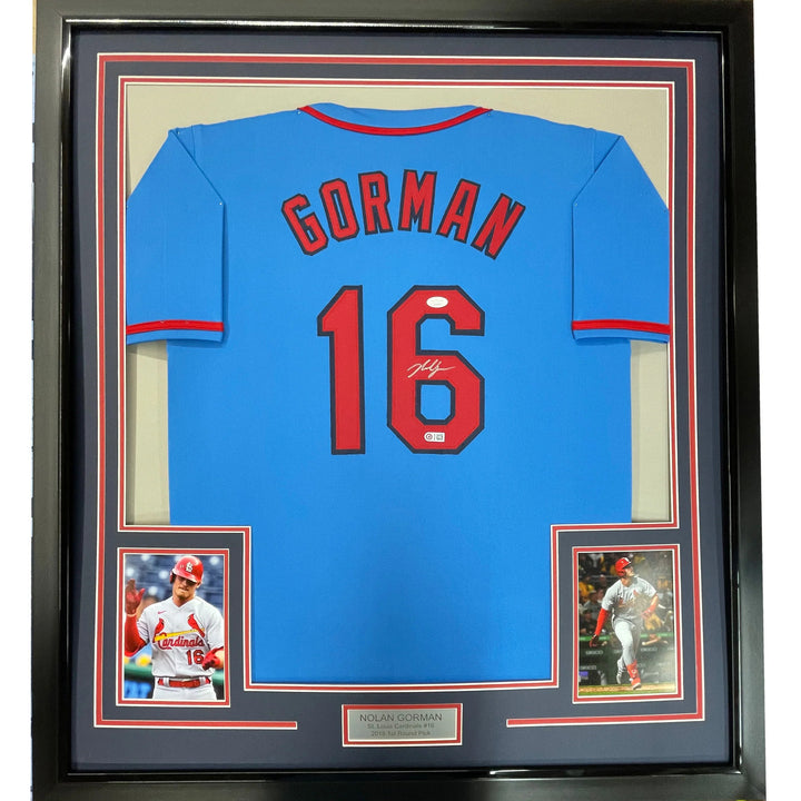 Framed Autographed/Signed Nolan Gorman 33x42 St. Louis Blue Jersey JSA COA