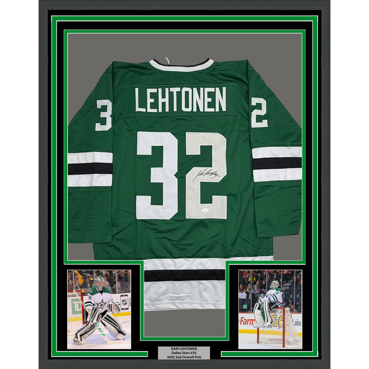 Framed Autographed/Signed Kari Lehtonen 35x39 Dallas Green Hockey Jersey JSA COA