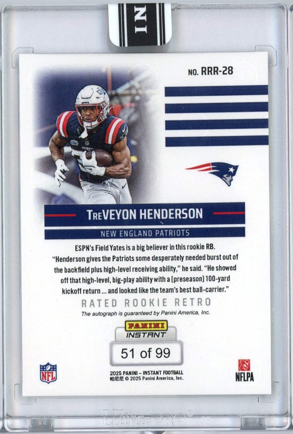 2025 Panini Instant NFL TreVeyon Henderson #28 Rated Retro Rookie Auto /99 Card