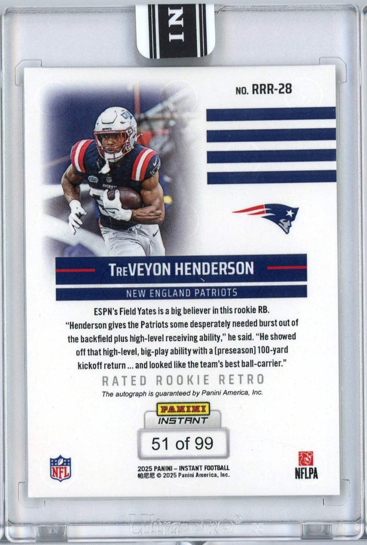2025 Panini Instant NFL TreVeyon Henderson #28 Rated Retro Rookie Auto /99 Card