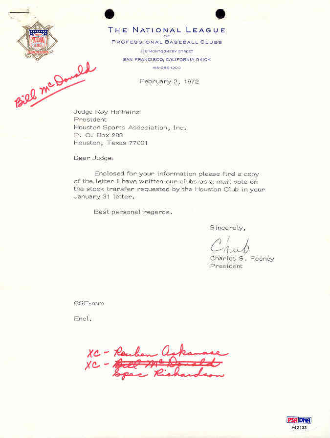 Chub Feeney Signed 1972 Letter Psa/dna Coa Autograph