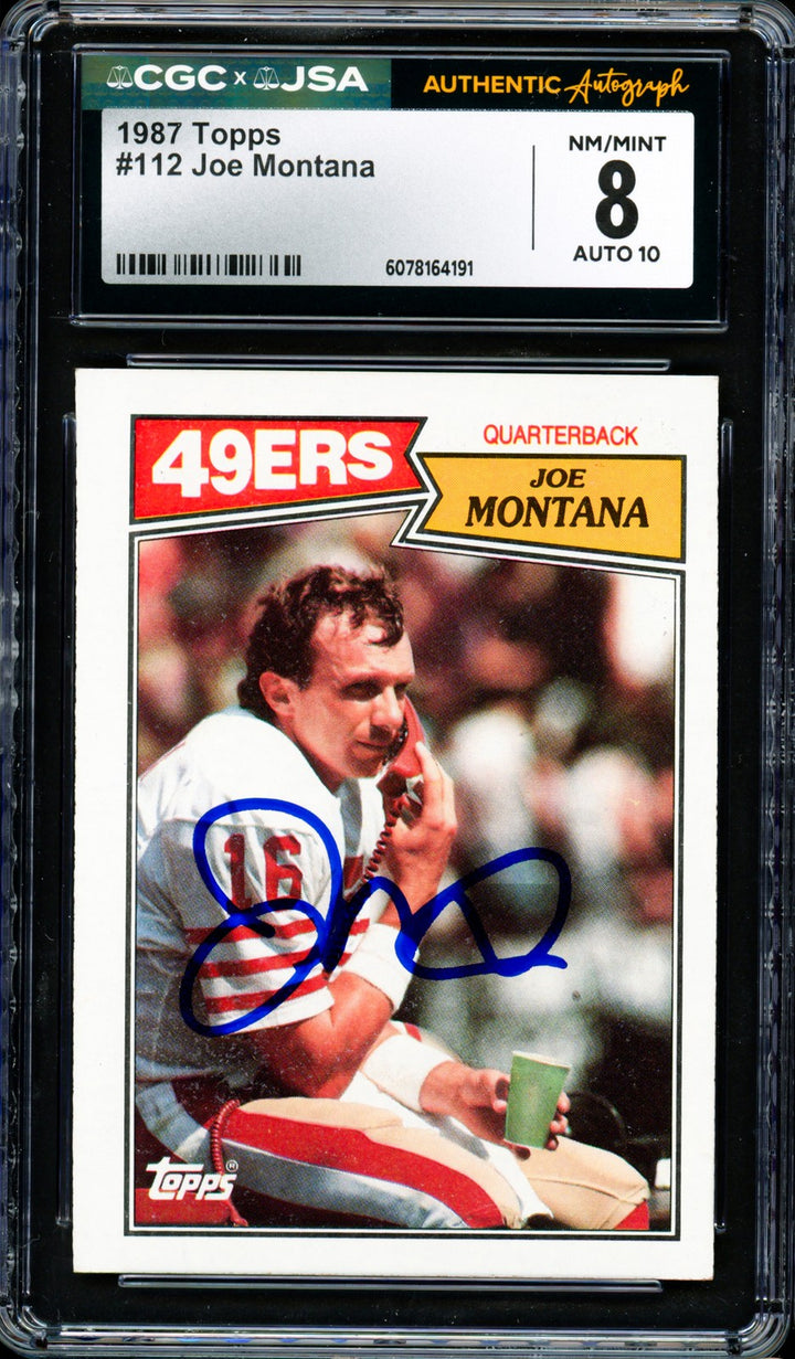 Joe Montana Signed 1987 Topps Card 112 49ers Grade 8 Auto GM 10 CGC x JSA