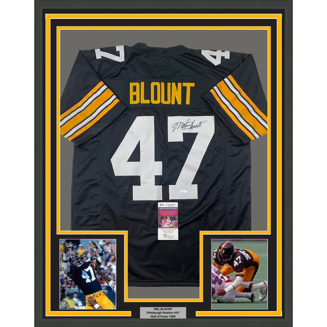 Framed Autographed/Signed Mel Blount 35x39 Pittsburgh Black Jersey JSA COA