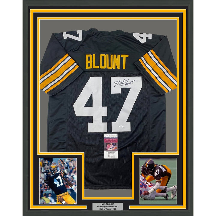 Framed Autographed/Signed Mel Blount 35x39 Pittsburgh Black Jersey JSA COA