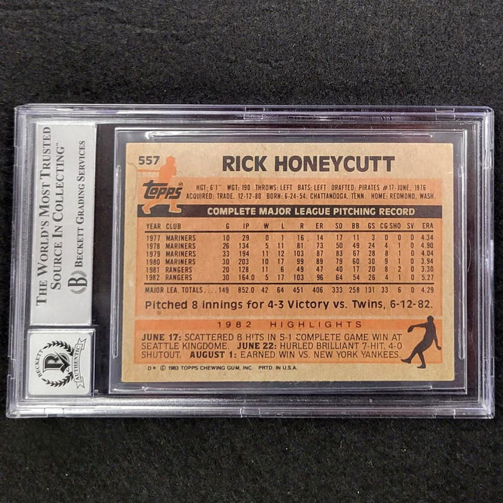 Rick Honeycutt signed 1983 Topps #557 Texas Rangers card slab BAS 10 auto