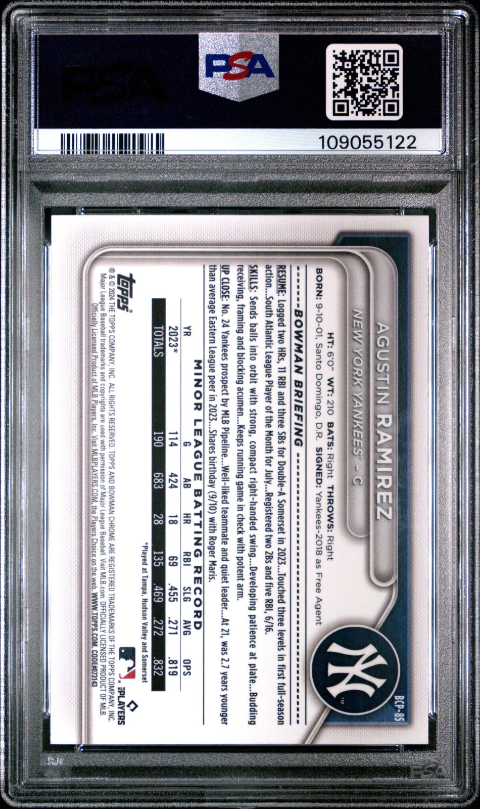Graded 2024 Bowman Agustin Ramirez #BCP85 Chrome Prospects Baseball Card PSA 10