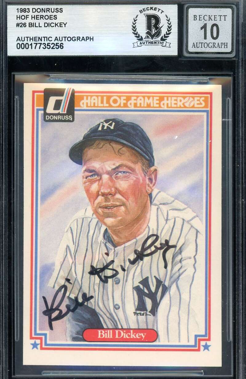 Bill Dickey Gem Mint 10 Beckett BAS Signed 1983 Donruss HOF Heroes Autograph