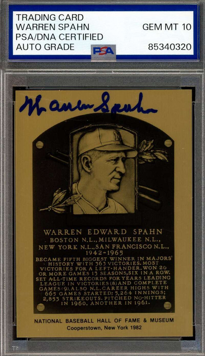 Warren Spahn Gem Mint 10 PSA DNA Signed Gold Metallic Hall Fame Plaque Autograph