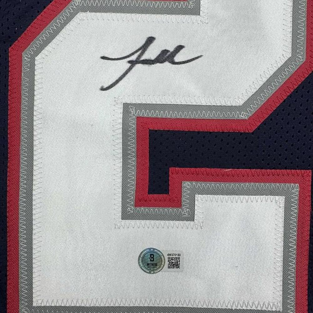 Framed Autographed/Signed Jaylinn Hawkins 35x39 New England Blue Jersey BAS COA