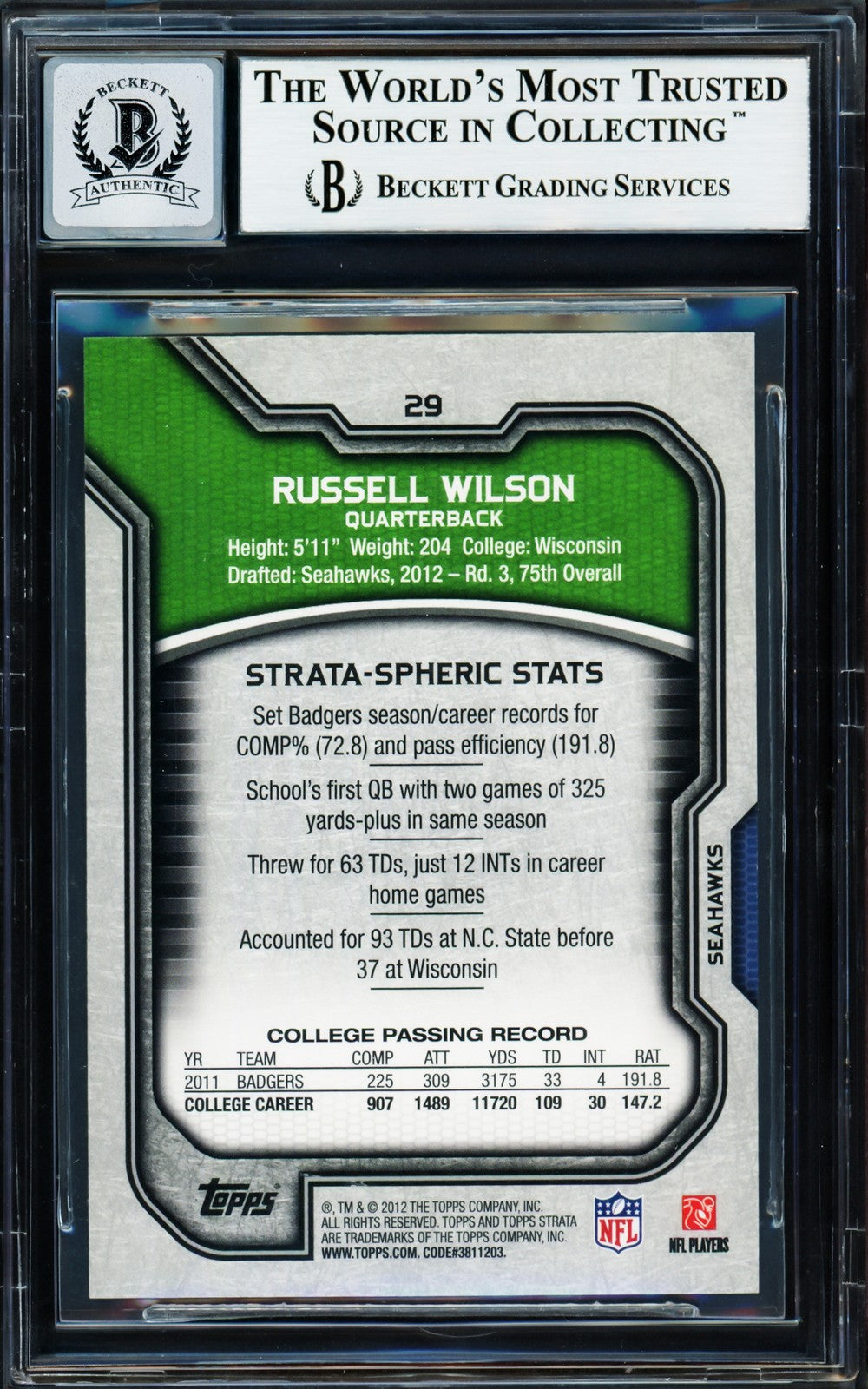 Russell Wilson Signed 2012 Topps Strata RC #29 Seattle Seahawks Auto 10 Beckett