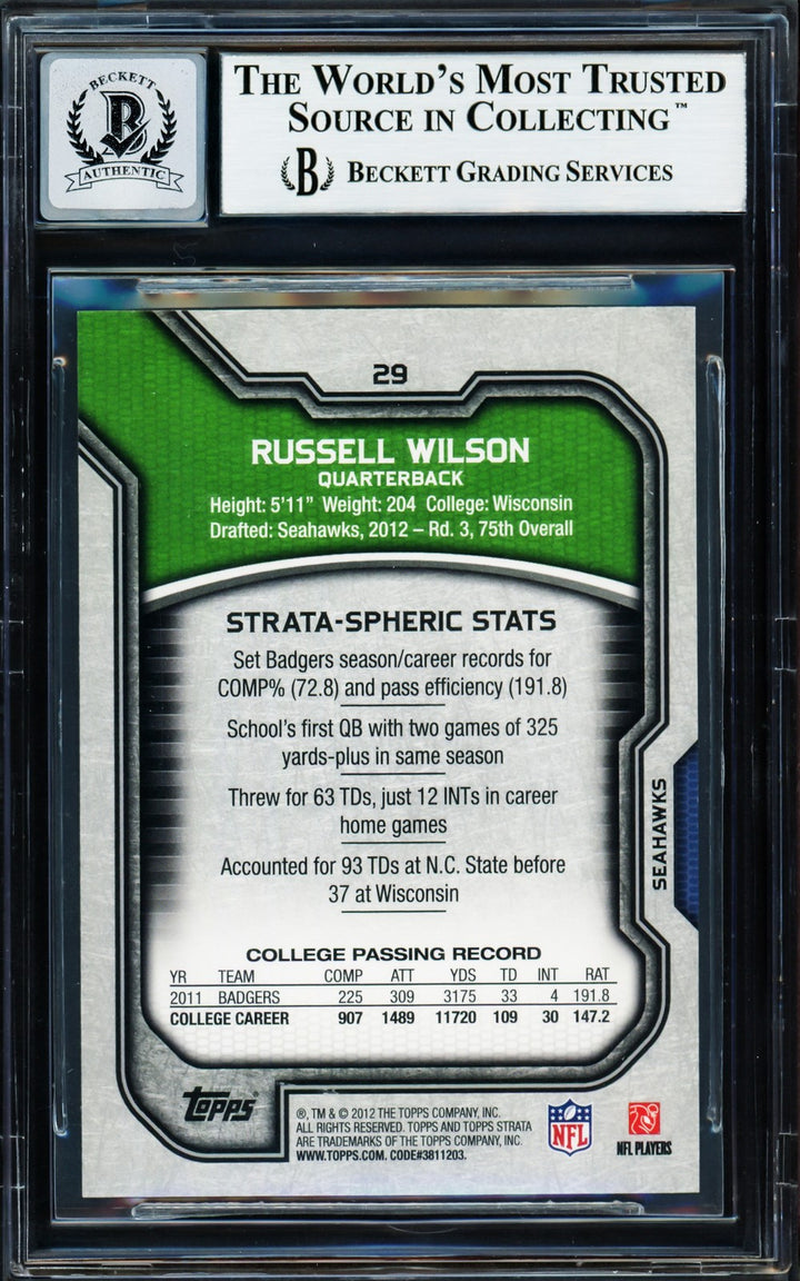 Russell Wilson Signed 2012 Topps Strata RC #29 Seattle Seahawks Auto 10 Beckett
