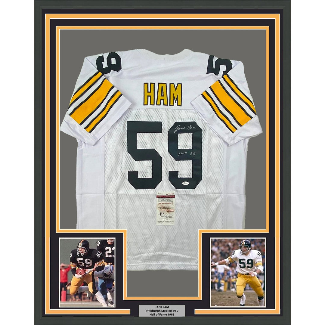 Framed Signed Jack Ham HOF 88 35x39 Pittsburgh White Jersey JSA COA