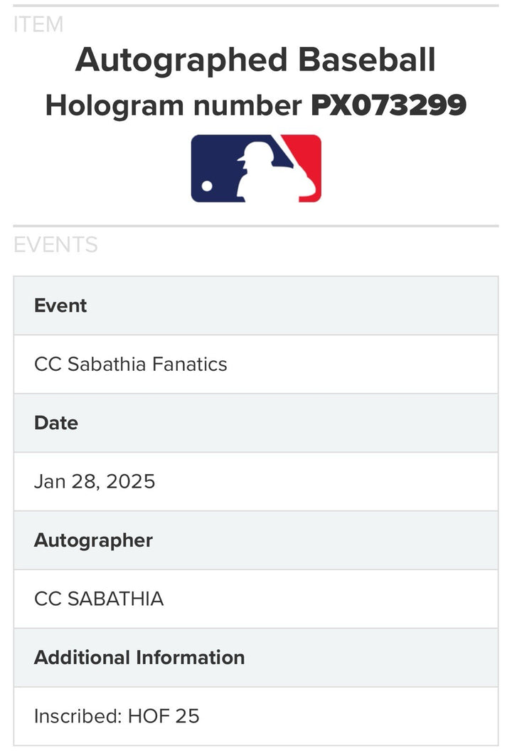 CC Sabathia Signed Official MLB Baseball NY Yankees HOF 25 Auto Fanatics MLB COA