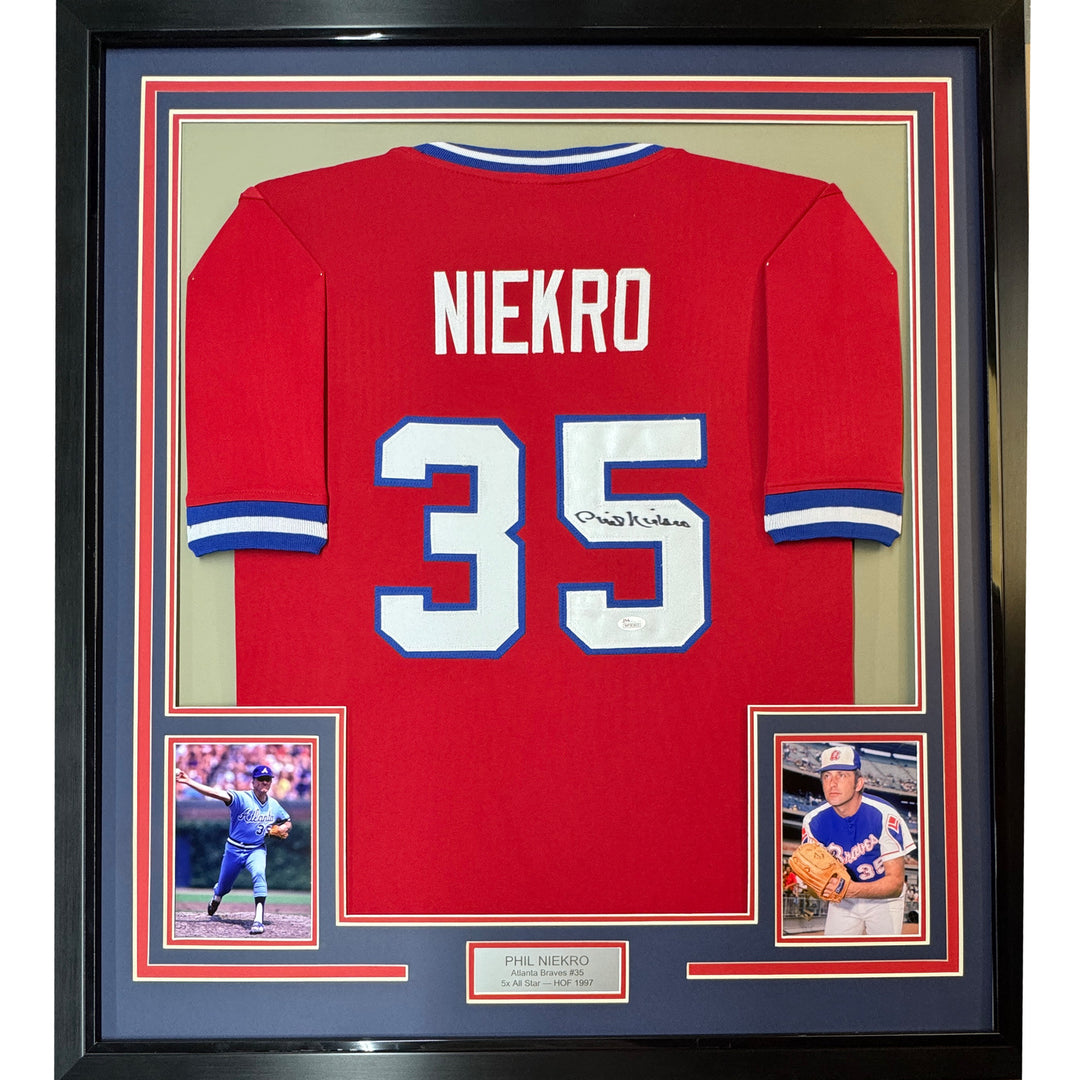 FRAMED Autographed/Signed PHIL NIEKRO 33x42 Atlanta Red Jersey JSA COA Auto