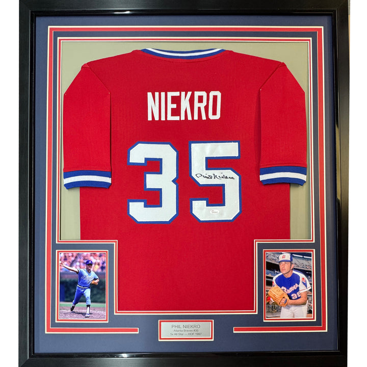 FRAMED Autographed/Signed PHIL NIEKRO 33x42 Atlanta Red Jersey JSA COA Auto