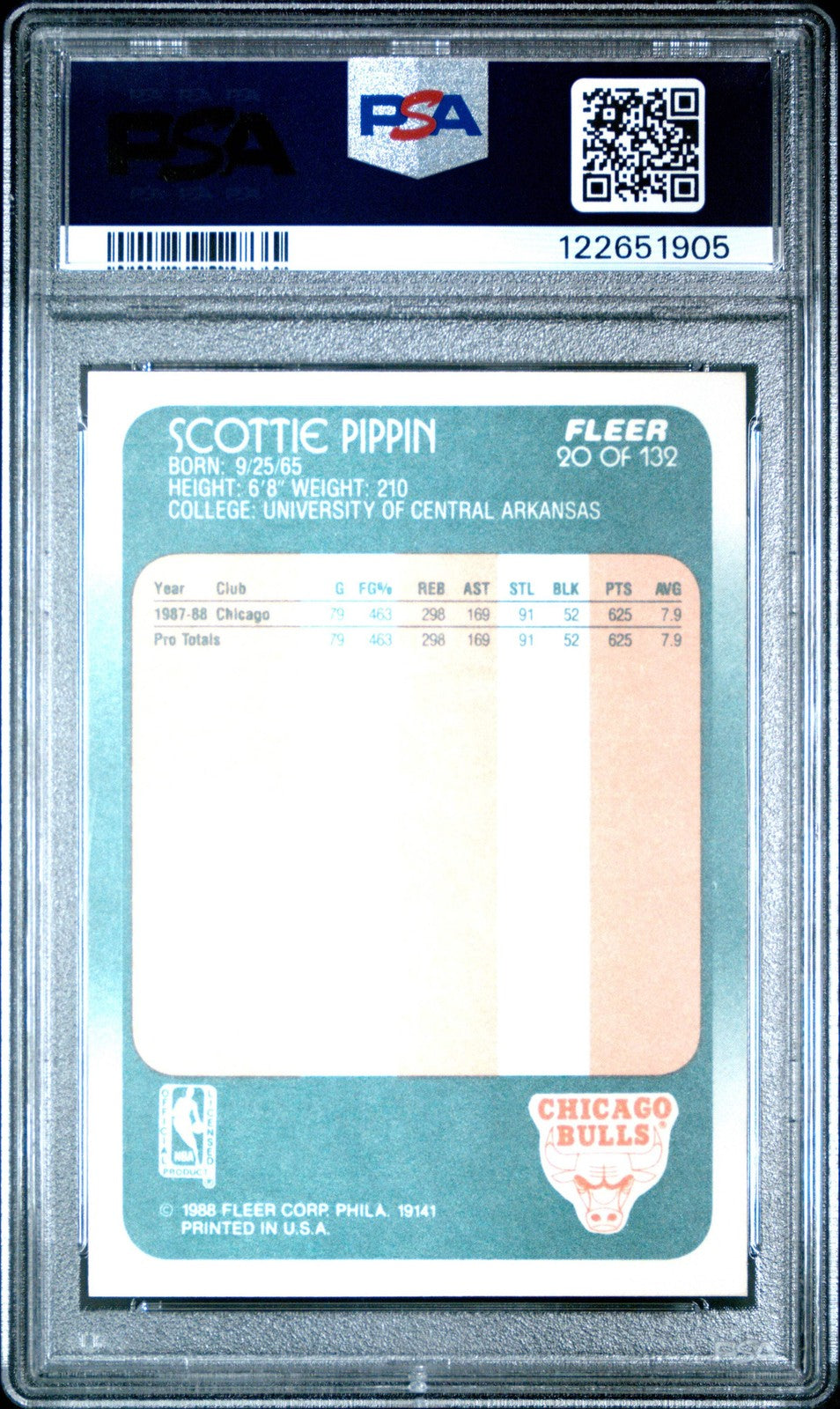 Graded 1988-89 Fleer Scottie Pippen #20 Rookie RC Basketball Card PSA 8