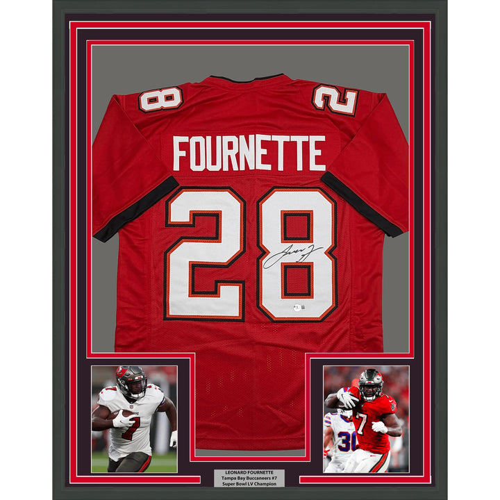 Framed Autographed Leonard Fournette 35x39 Tampa Bay Red Jersey BAS COA