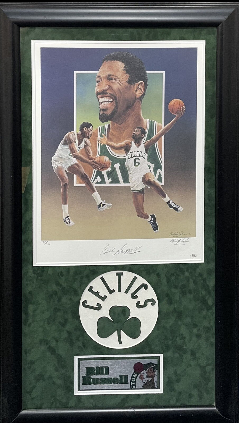 Bill Russell CELTICS Signed 17x23 Framed Litho Photo /600 Suede Autograph COA