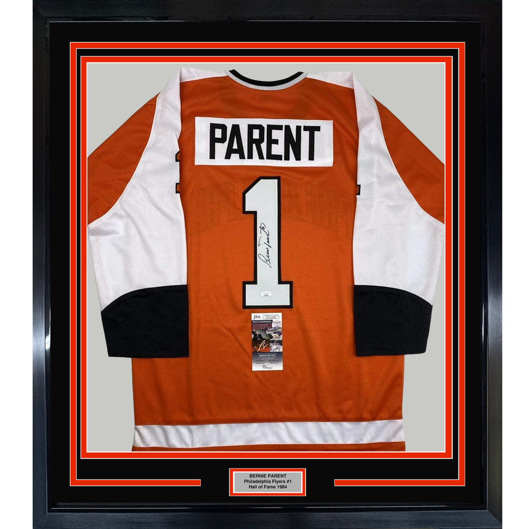 FRAMED Autographed/Signed BERNIE PARENT 33x42 Philadelphia Orange Jersey JSA COA