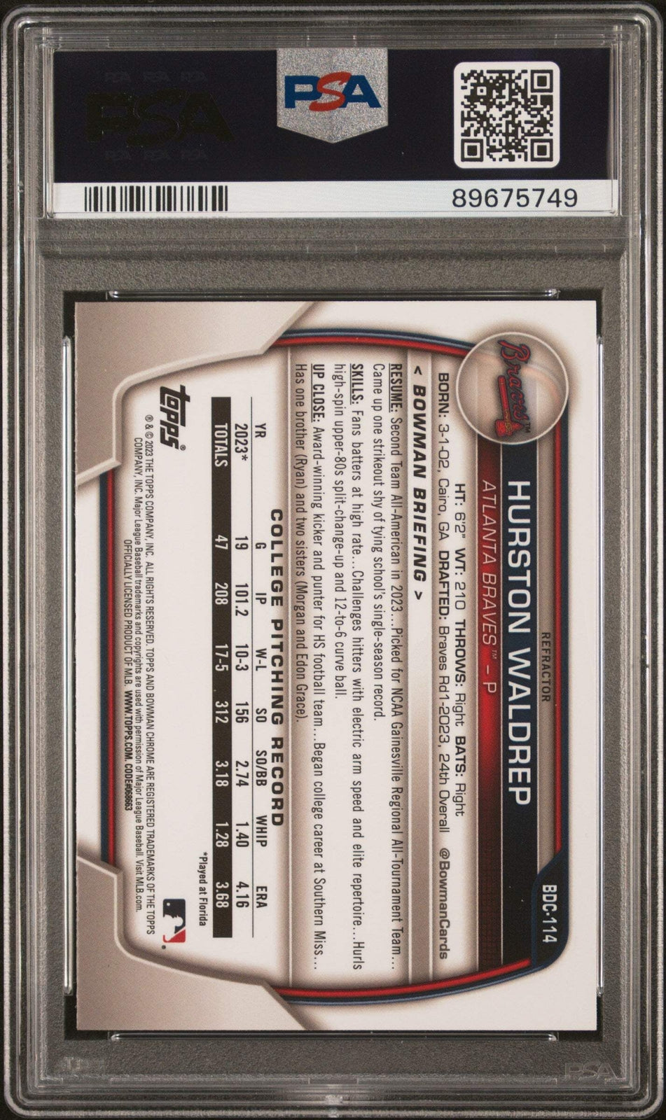 Graded 2023 Bowman Draft Hurston Waldrep #BDC114 Chrome REF Baseball Card PSA 10