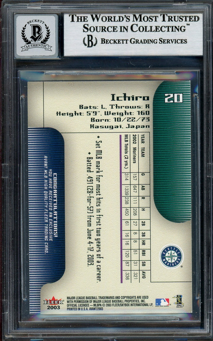Ichiro Suzuki Signed 2003 Fleer Avant Card 20 Mariners Auto GM 10 Beckett