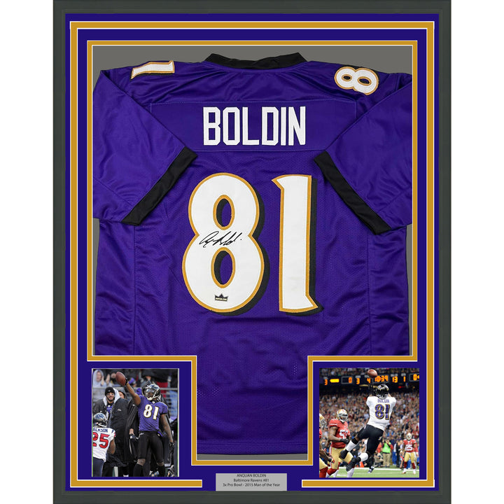 Framed Facsimile Autographed Anquan Boldin 35x39 Baltimore Purple Reprint Jersey