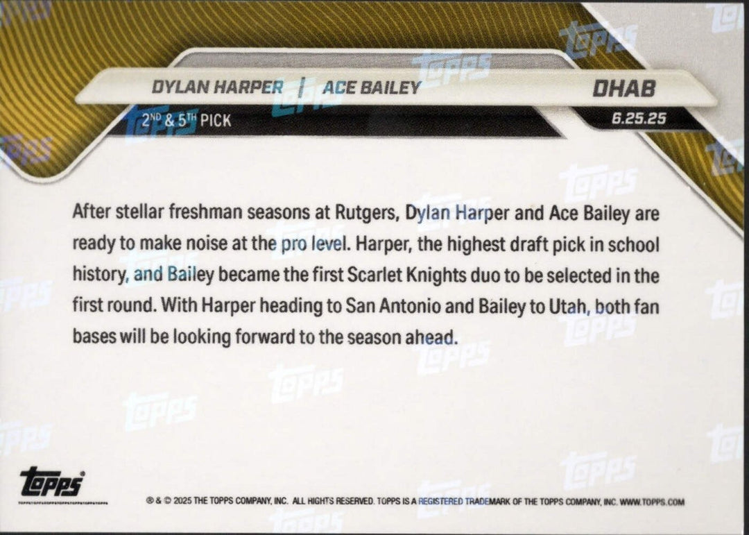 2025 Topps Now Dylan Harper/Ace Bailey #DHAB Gold Foil /99 Rookie RC Card