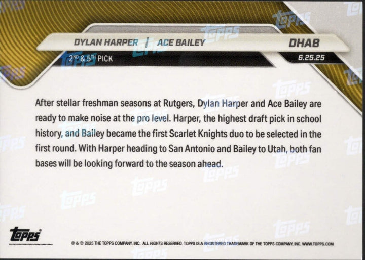 2025 Topps Now Dylan Harper/Ace Bailey #DHAB Gold Foil /99 Rookie RC Card