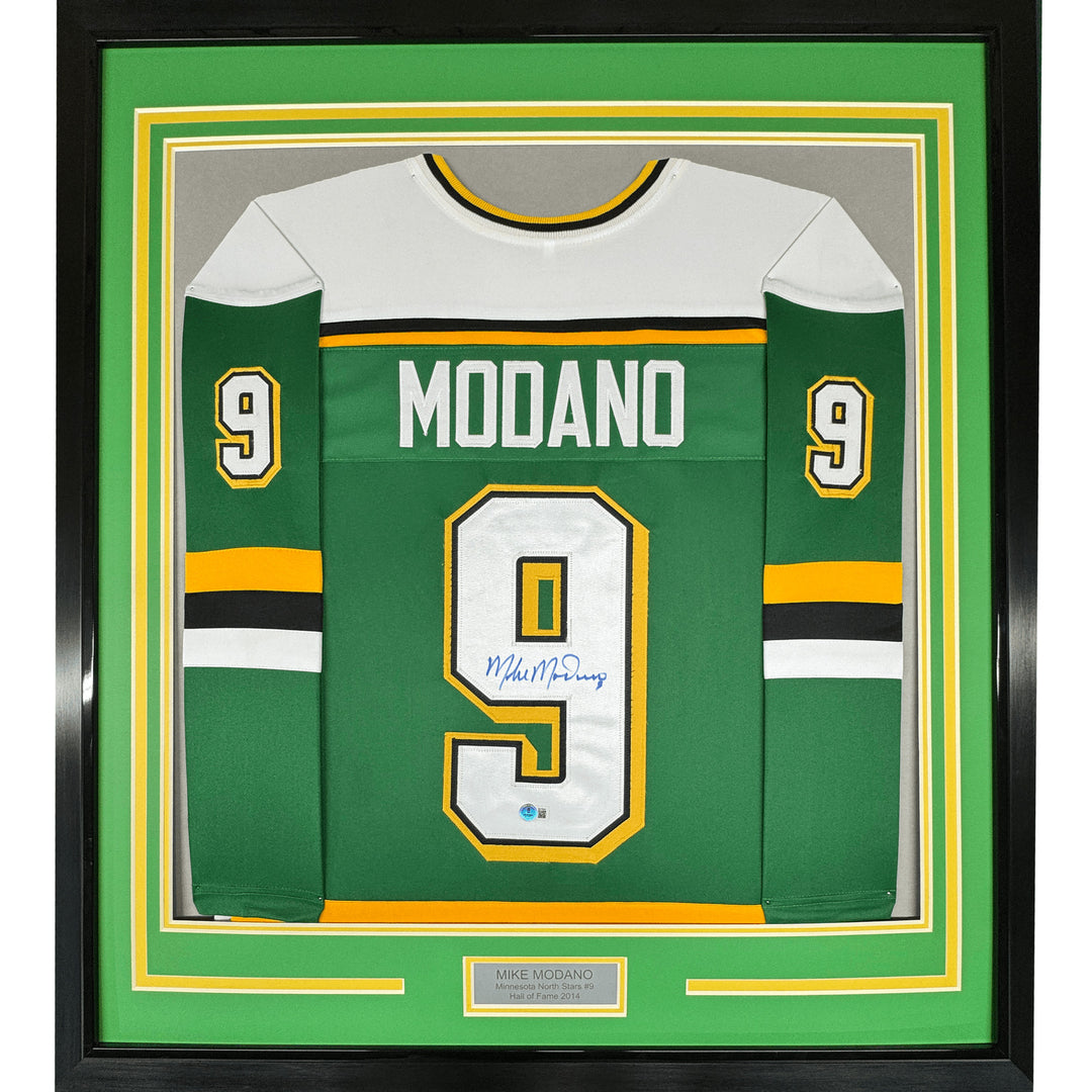 Framed Autographed/Signed Mike Modano HOF 35x39 Minnesota Green Jersey COA