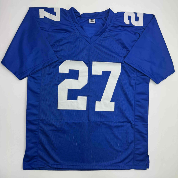 Autographed/Signed Brandon Jacobs New York Blue Football Jersey Beckett BAS COA