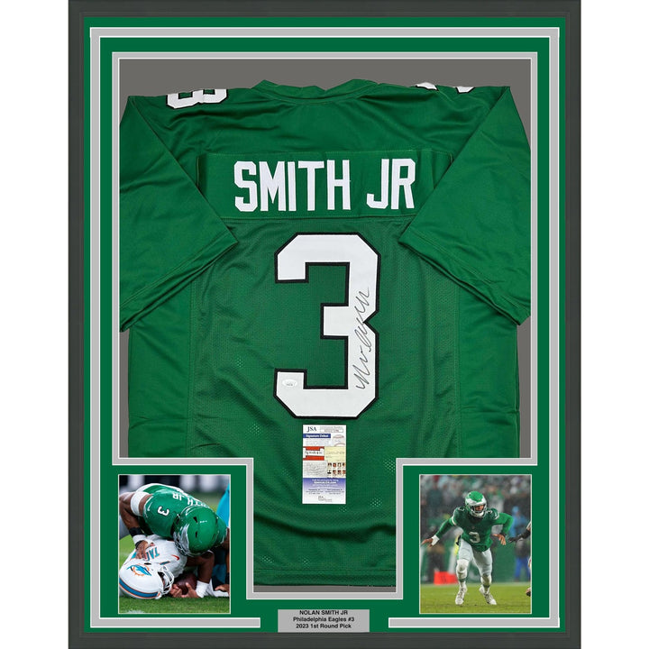 Framed Autographed/Signed Nolan Smith Jr. 35x39 Kelly Green Jersey JSA COA