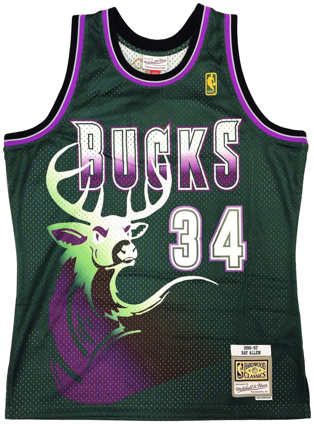 Bucks Ray Allen Auto Green Auth Mitchell Ness 96-97 Swingman Jersey L BAS