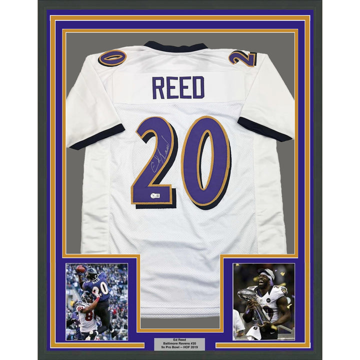 Framed Autographed/Signed Ed Reed 35x39 Baltimore White Jersey Beckett BAS COA
