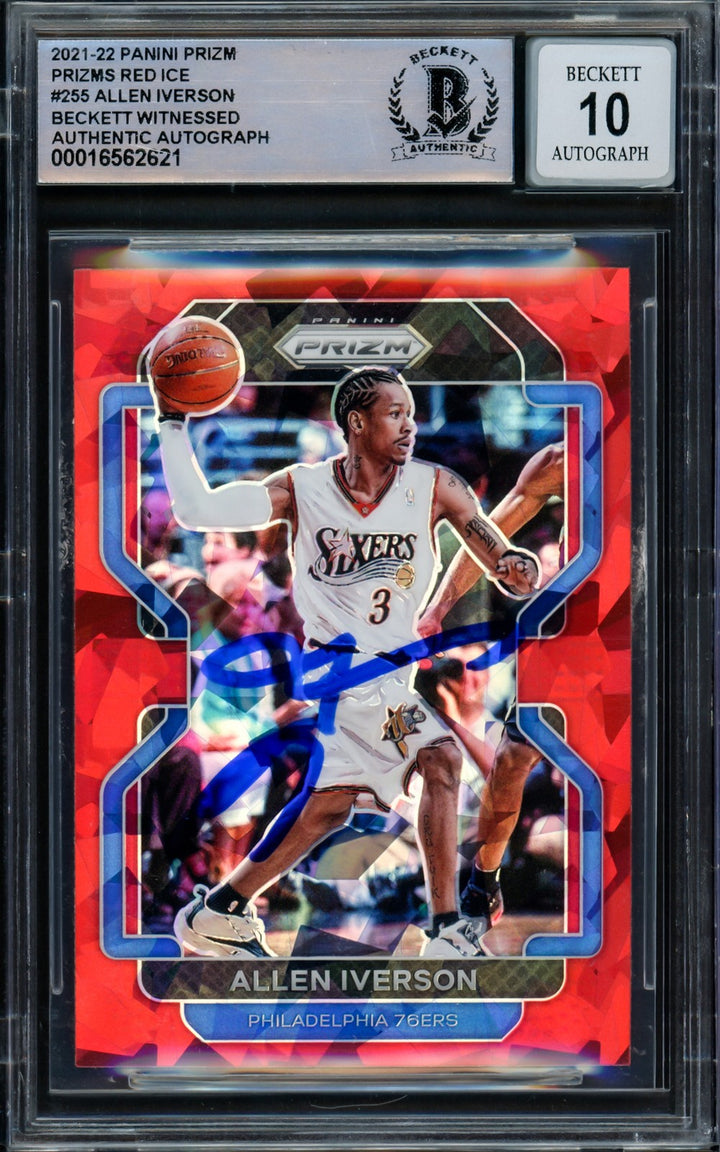 Allen Iverson Auto 2021-22 Panini Prizm Red Ice Card 255 76ers Sig 10 BAS Wit