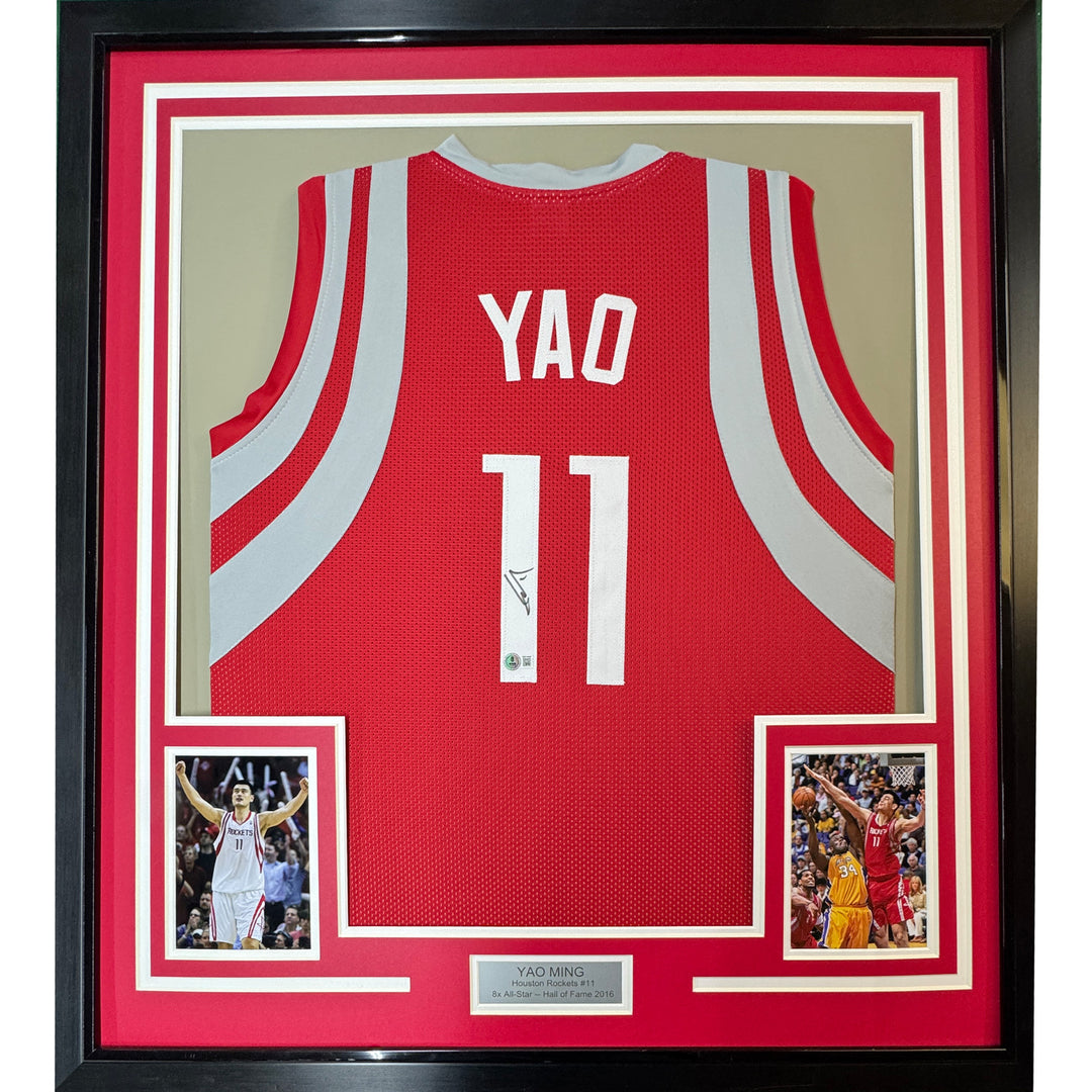 Framed Autographed/Signed Yao Ming 35x39 Houston Red Basketball Jersey BAS COA