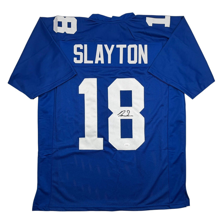 Autographed/Signed DARIUS SLAYTON New York Blue Football Jersey JSA COA Auto