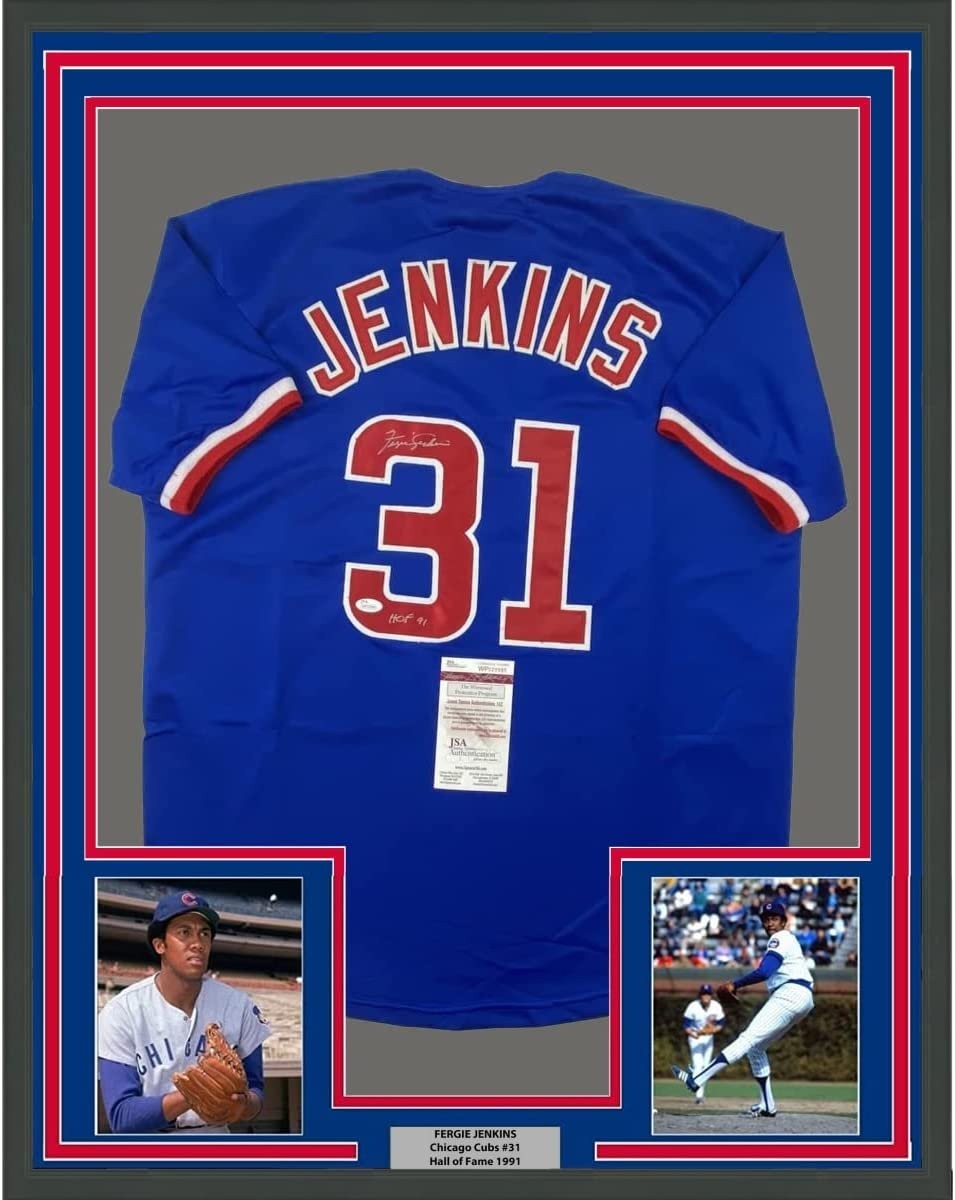 FRAMED Autographed/Signed FERGIE JENKINS 33x42 HOF 91 Blue Jersey JSA COA