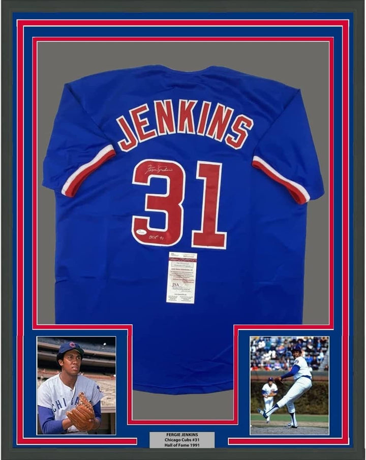 FRAMED Autographed/Signed FERGIE JENKINS 33x42 HOF 91 Blue Jersey JSA COA