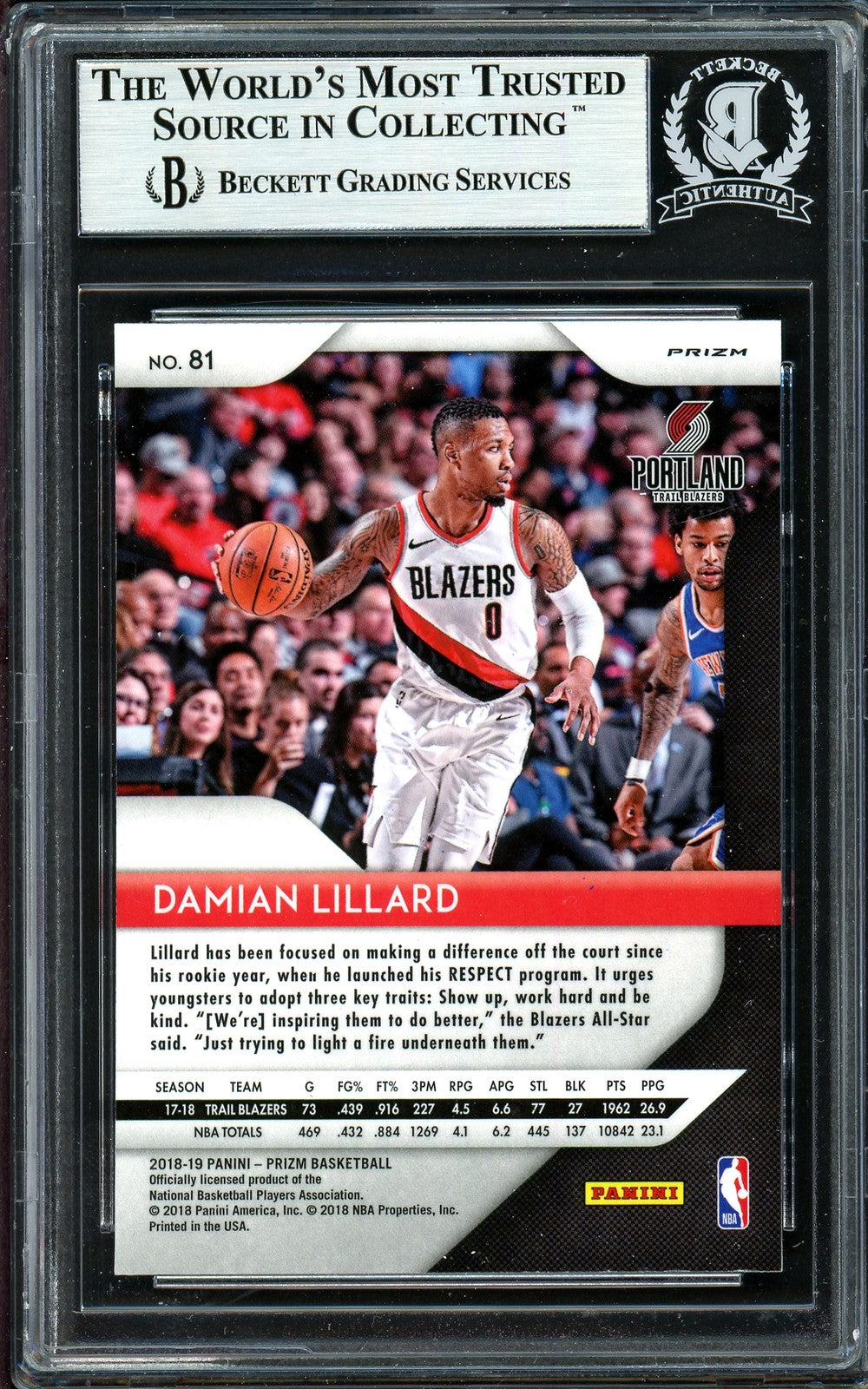 Damian Lillard Signed 2018-19 Panini Prizm Green Card 81 Trail Blazers Beckett