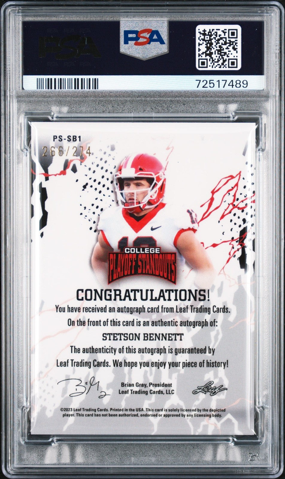 Graded 2023 Leaf Stetson Bennett SB1 /274 RC Card PSA/DNA 10 Auto Grade 10