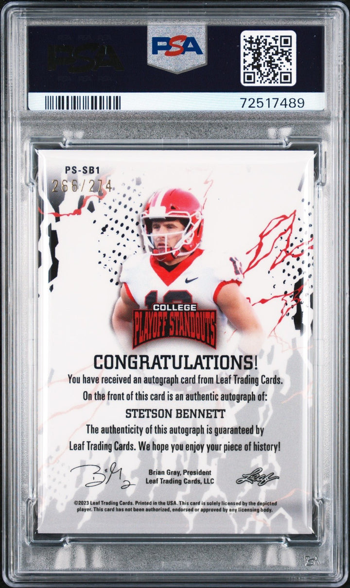 Graded 2023 Leaf Stetson Bennett SB1 /274 RC Card PSA/DNA 10 Auto Grade 10