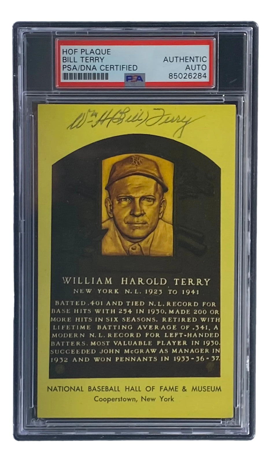 Bill Terry Signed 4x6 New York Giants Hall Of Fame Plaque Card PSA/DNA 85026284