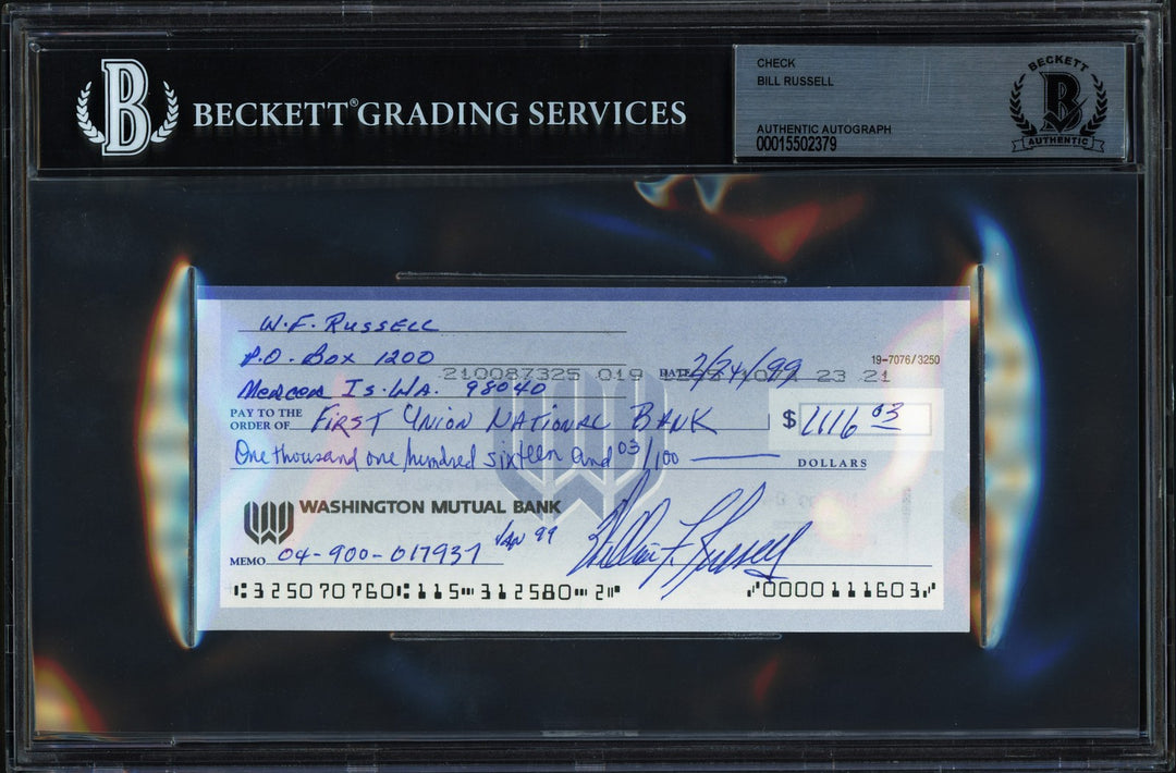 Bill Russell Autographed Signed 3x6 Check Boston Celtics Beckett BAS
