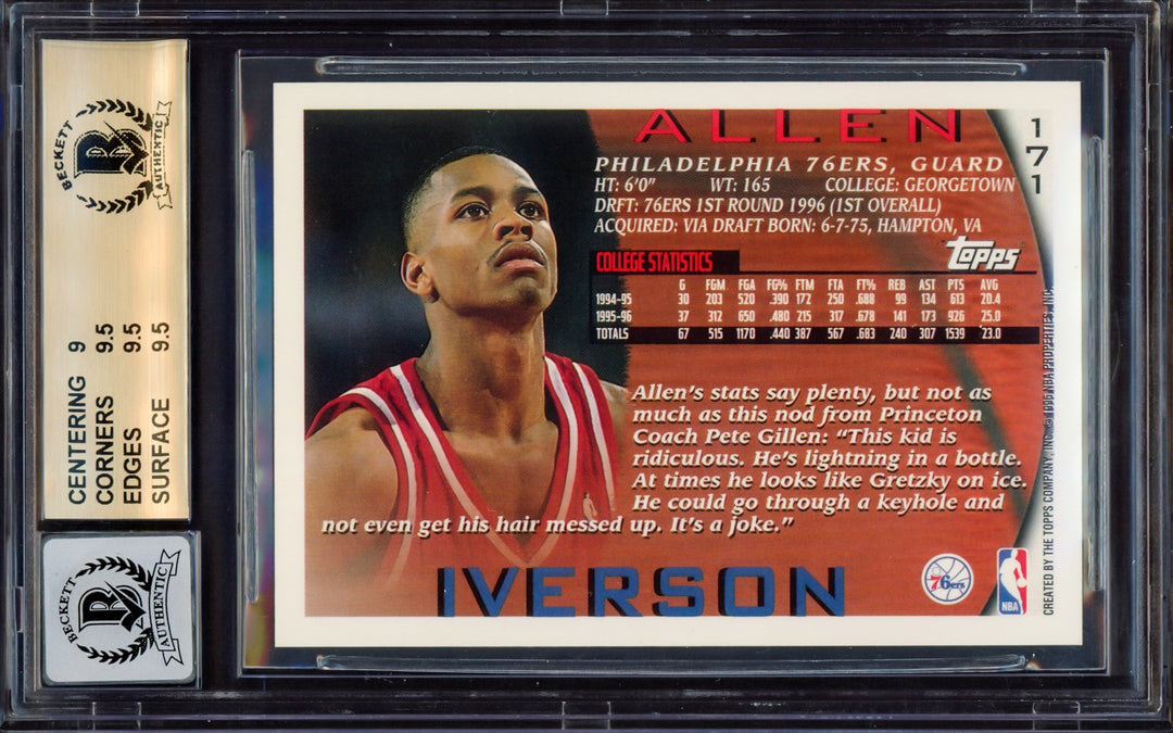 Allen Iverson Auto Signed 1996-97 Topps RC 171 76ers BGS 9.5 Auto Mint 9 Beckett