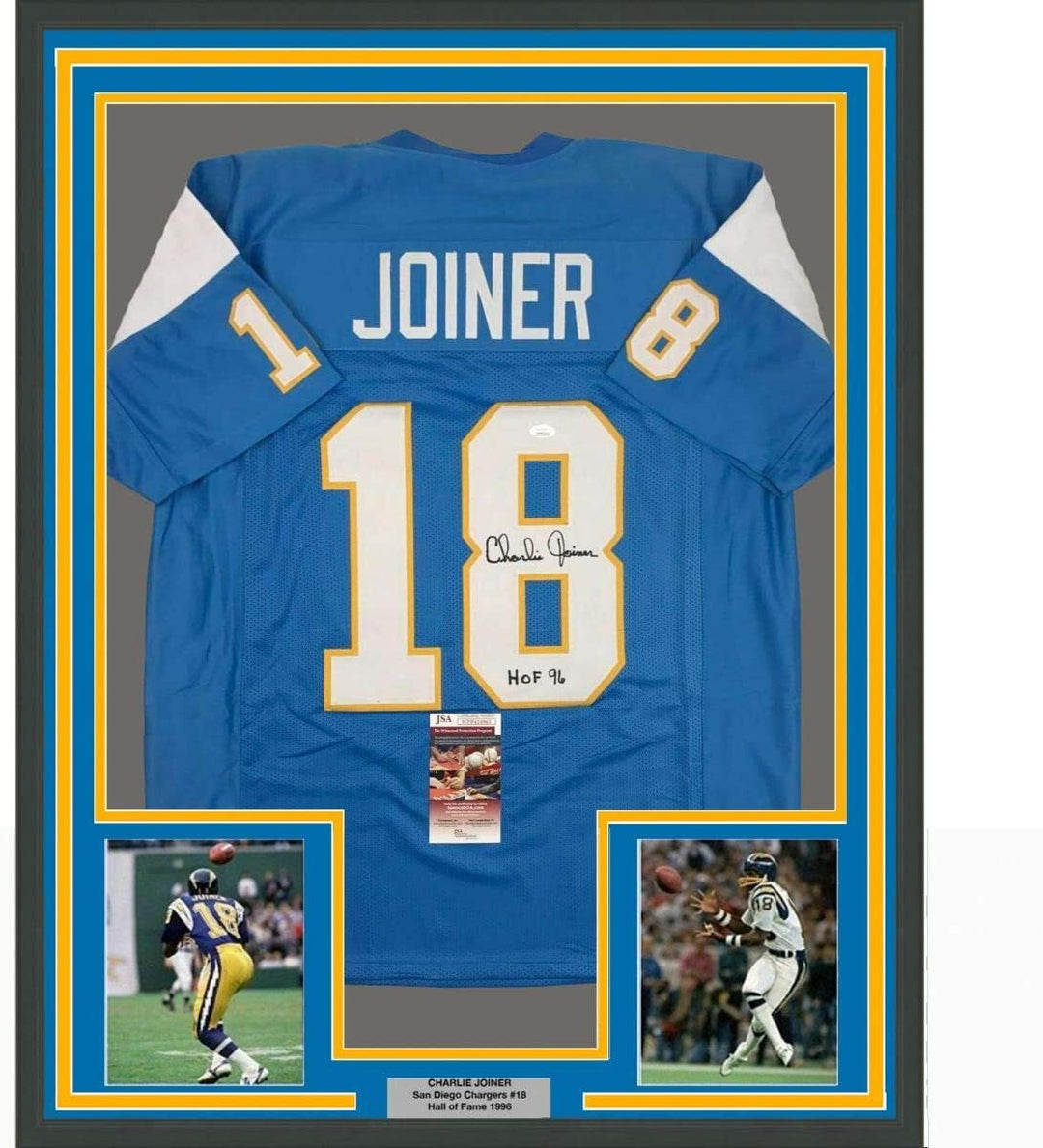 FRAMED Autographed/Signed CHARLIE JOINER 33x42 San Diego PWD Blue Jersey JSA COA