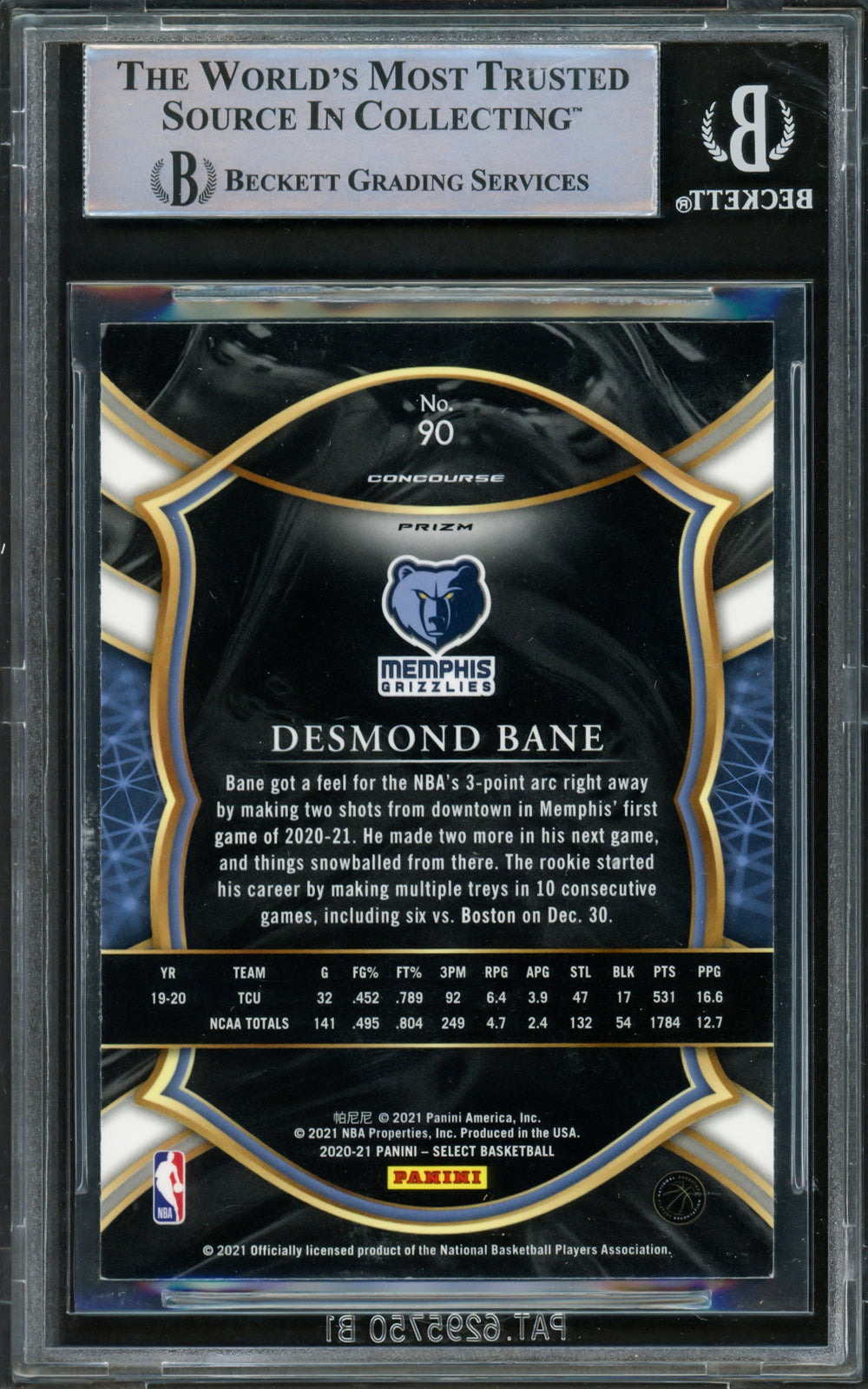 Desmond Bane Auto Signed 2020-21 Select Prizms Red White Green Ice RC 90 Beckett